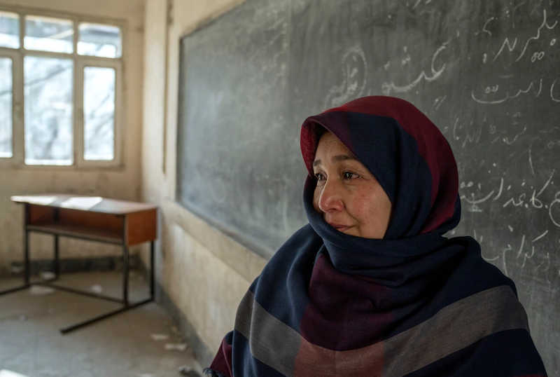 امانه نشناس، معلم 45 ساله افغان، از وضعیت آموزش در کشورش گریه می کند. 