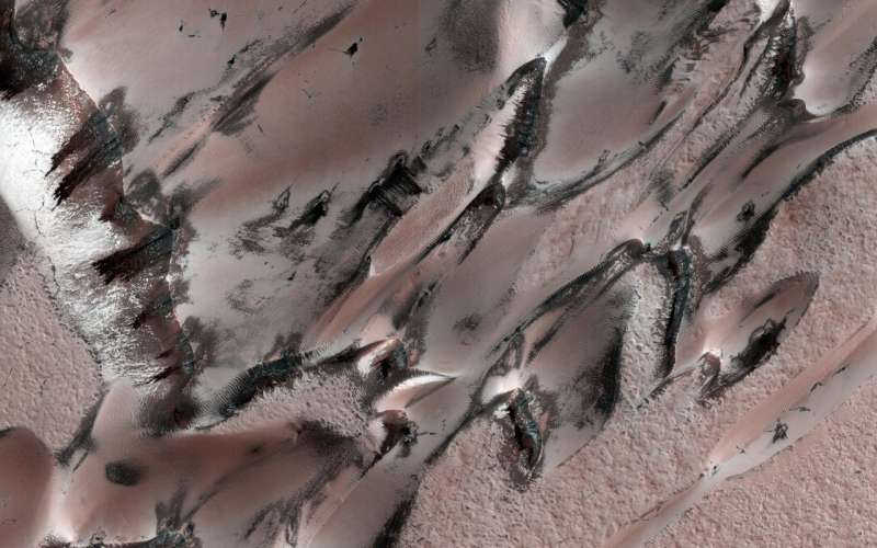 HiRISE این "مگادون ها" را که بارکان نیز نامیده می شوند، ضبط کرد. یخ و یخ دی اکسید کربن بر روی تپه های شنی در طول زمستان تشکیل شده است. همانطور که در طول بهار شروع به تصعید می کند، شن های تپه ای تیره رنگ آشکار می شوند. 